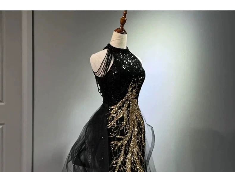 Neck Embroidered Sequined Gown Sleeveless Evening Halter Maxi