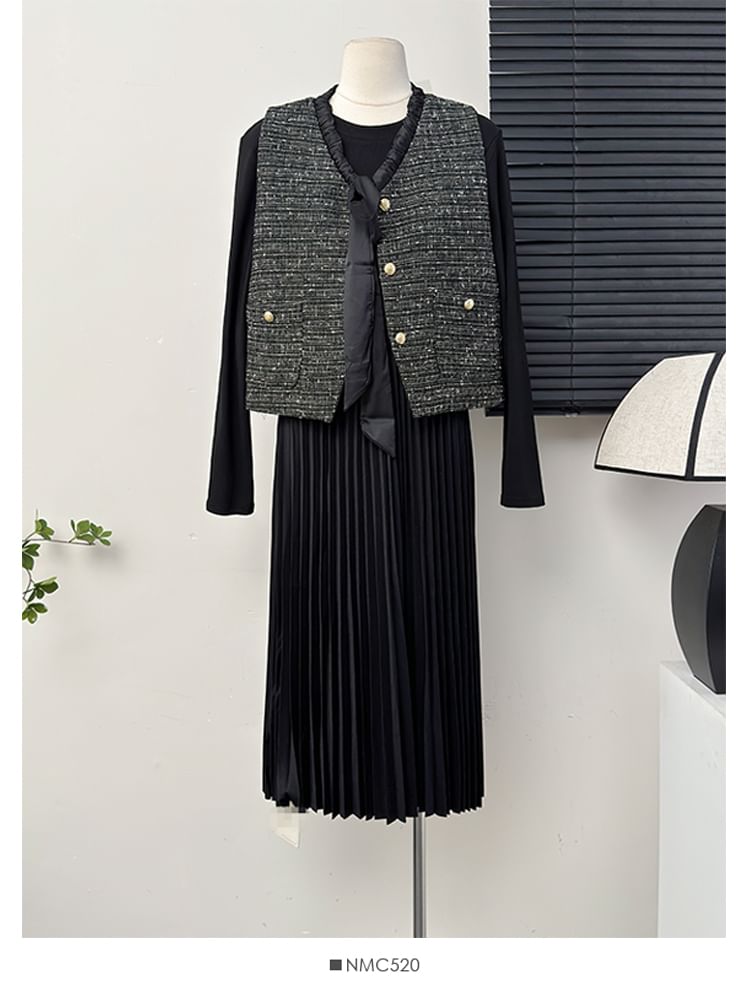 Tie-Front Tweed Vest / Two-Tone Pleated A-Line Dress