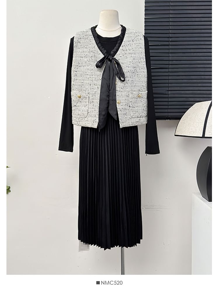 Tie-Front Tweed Vest / Two-Tone Pleated A-Line Dress