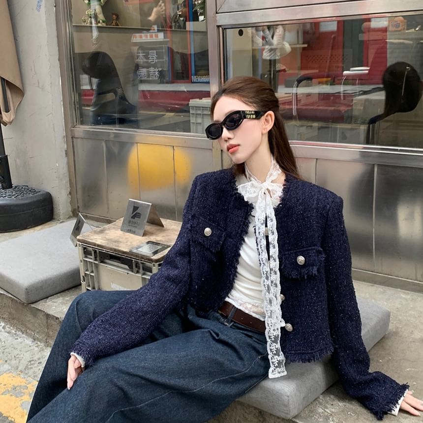 Long-Sleeve Boat Neck Lace Panel Slim Fit Tee / Tweed Button Jacket / Mid Rise Washed Wide Leg Jeans