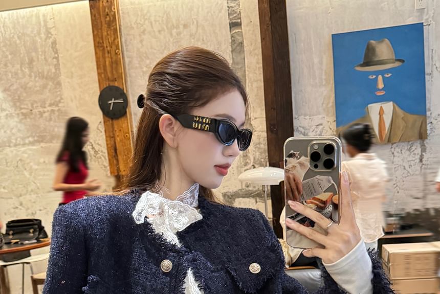 Long-Sleeve Boat Neck Lace Panel Slim Fit Tee / Tweed Button Jacket / Mid Rise Washed Wide Leg Jeans