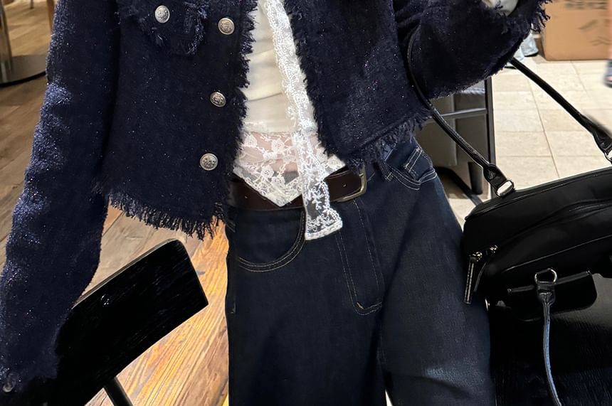 Long-Sleeve Boat Neck Lace Panel Slim Fit Tee / Tweed Button Jacket / Mid Rise Washed Wide Leg Jeans