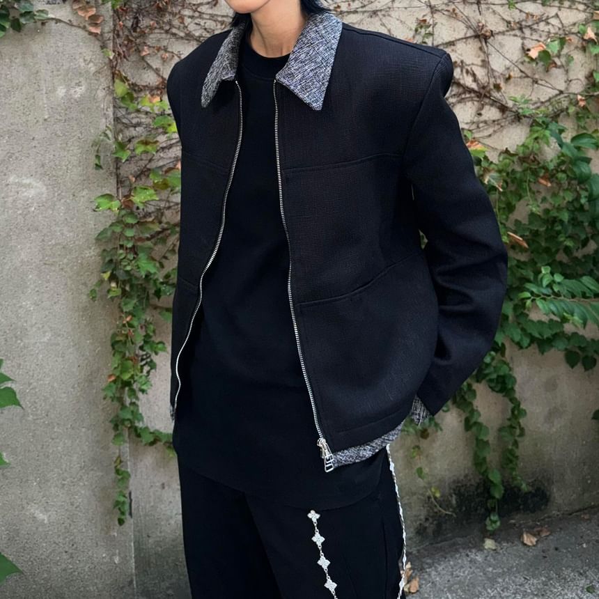 Collared Panel Tweed Zip Jacket