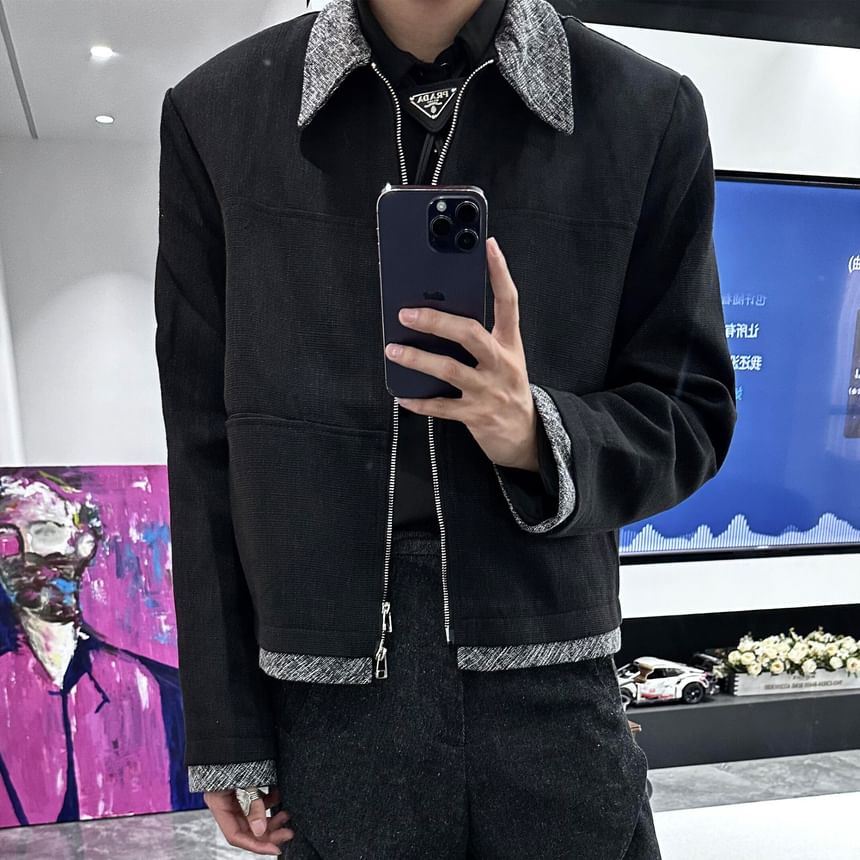 Collared Panel Tweed Zip Jacket