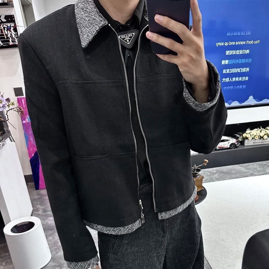 Collared Panel Tweed Zip Jacket