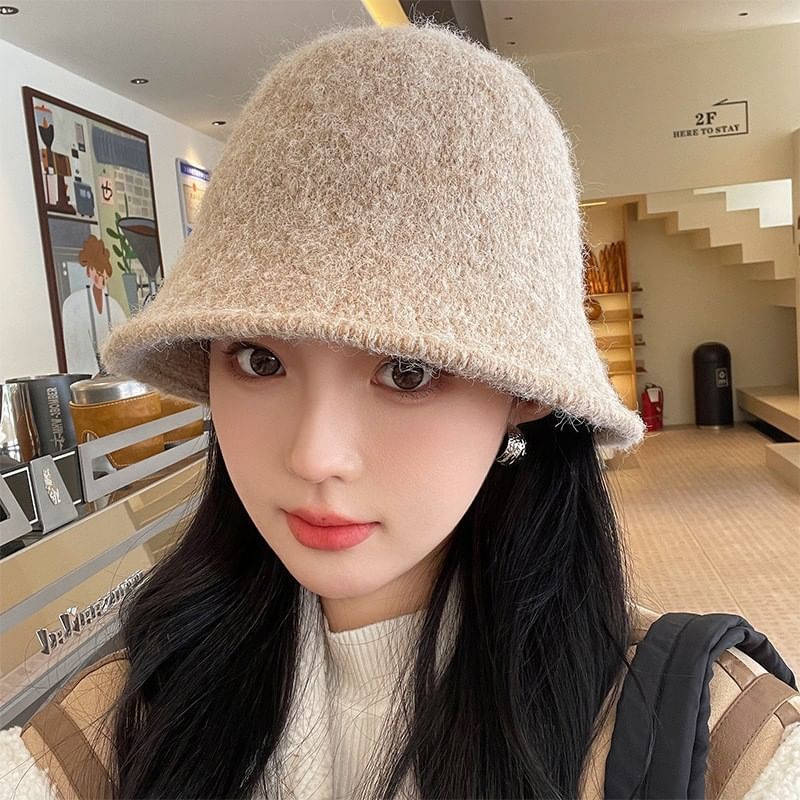 Bucket Hat Knit Fuzzy Plain