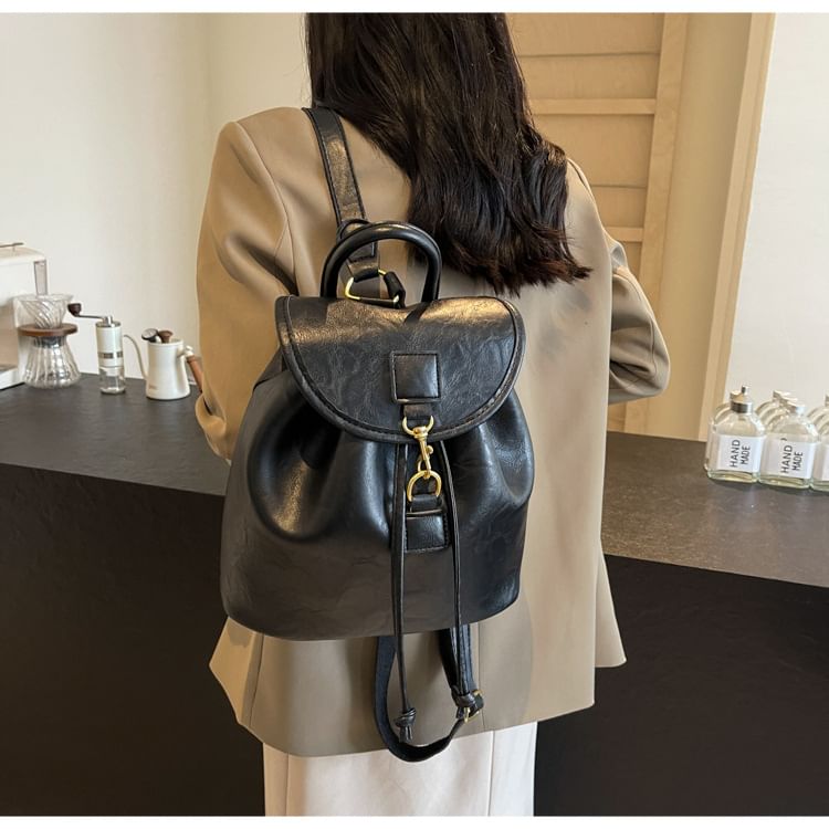 Plain Flap Leather Faux Backpack