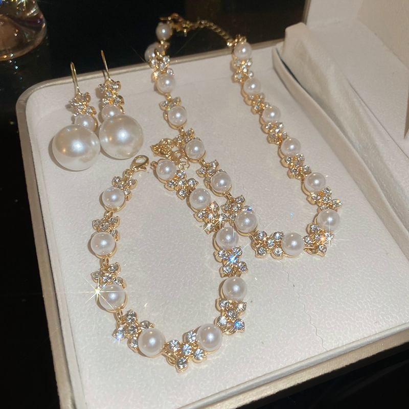 Rhinestone Necklace Drop Faux Bracelet Pearl Floral / Hook Earring