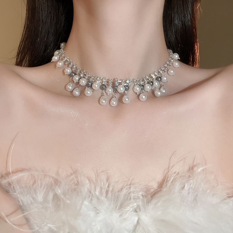 Faux Fringed Necklace Rhinestone Pearl