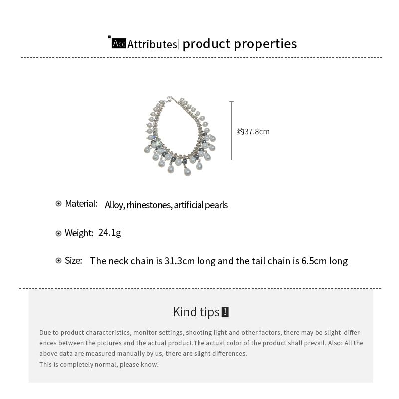 Faux Fringed Necklace Rhinestone Pearl