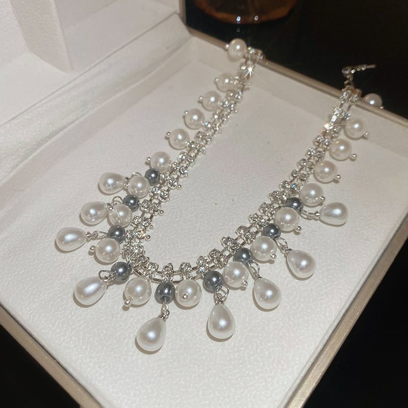 Faux Fringed Necklace Rhinestone Pearl