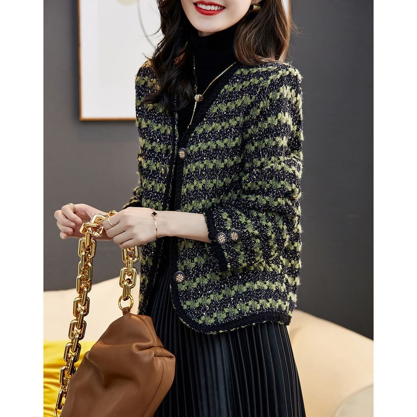 V-Neck Tweed Button Jacket