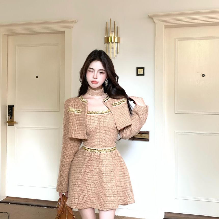 Set: Tweed Crop Open Front Jacket + Spaghetti Strap Crop Bustier Top + Mid Rise Mini A-Line Skirt