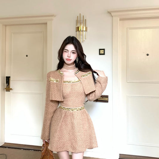 Set: Tweed Crop Open Front Jacket + Spaghetti Strap Crop Bustier Top + Mid Rise Mini A-Line Skirt