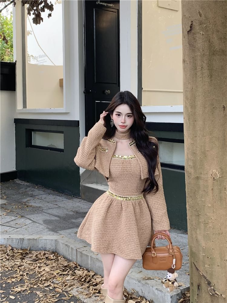 Set: Tweed Crop Open Front Jacket + Spaghetti Strap Crop Bustier Top + Mid Rise Mini A-Line Skirt