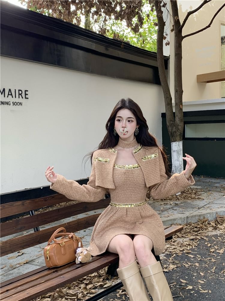 Set: Tweed Crop Open Front Jacket + Spaghetti Strap Crop Bustier Top + Mid Rise Mini A-Line Skirt