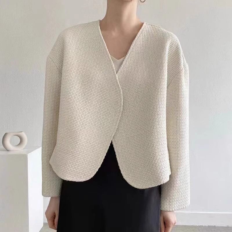 V-Neck Plain Open Front Tweed Jacket