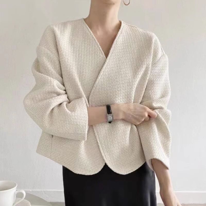 V-Neck Plain Open Front Tweed Jacket