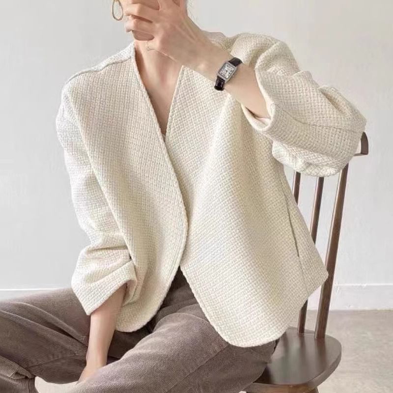 V-Neck Plain Open Front Tweed Jacket