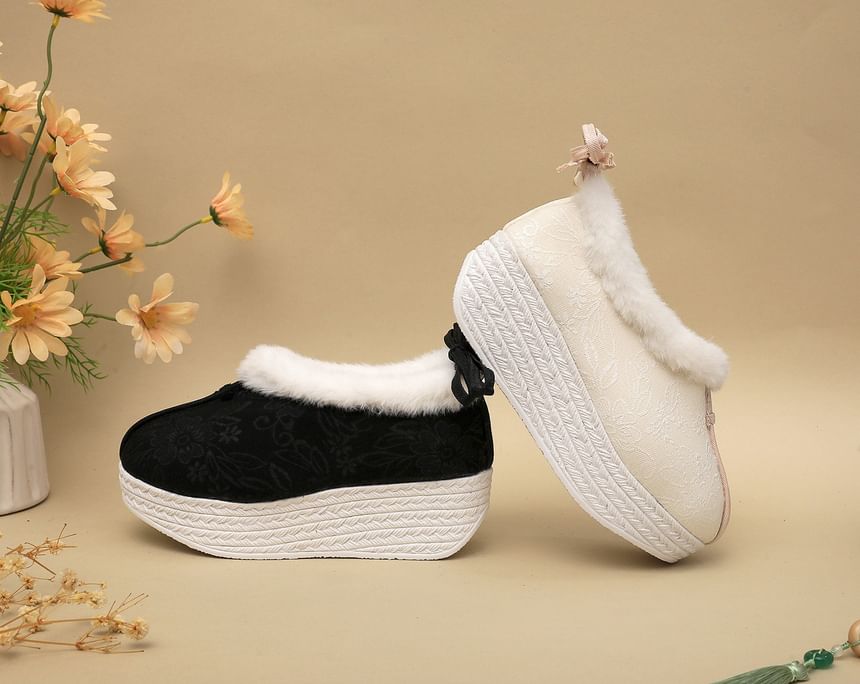 Bow Fleece-Lined Wedge Platform Pumps Heel