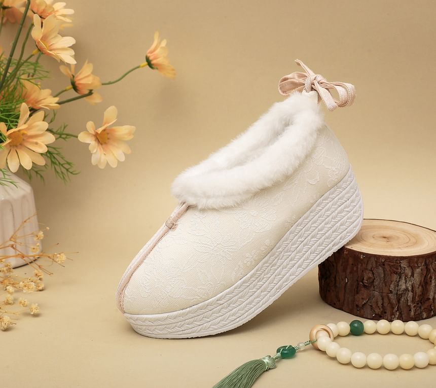 Bow Fleece-Lined Wedge Platform Pumps Heel