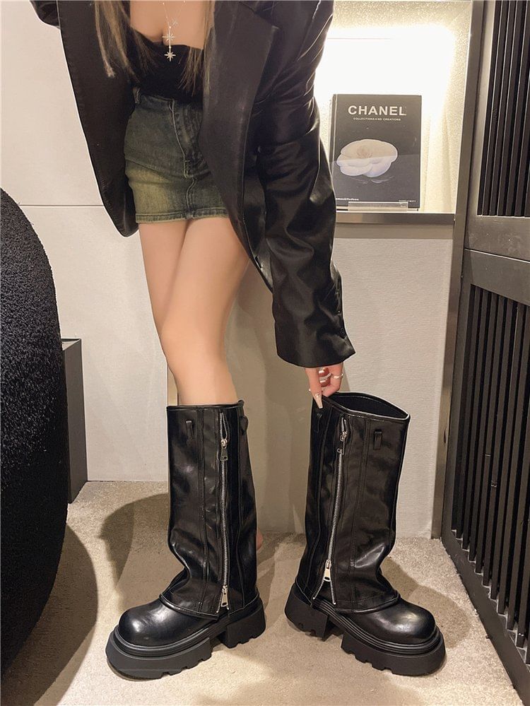High Knee Panel Buckled Platform Boots Zip