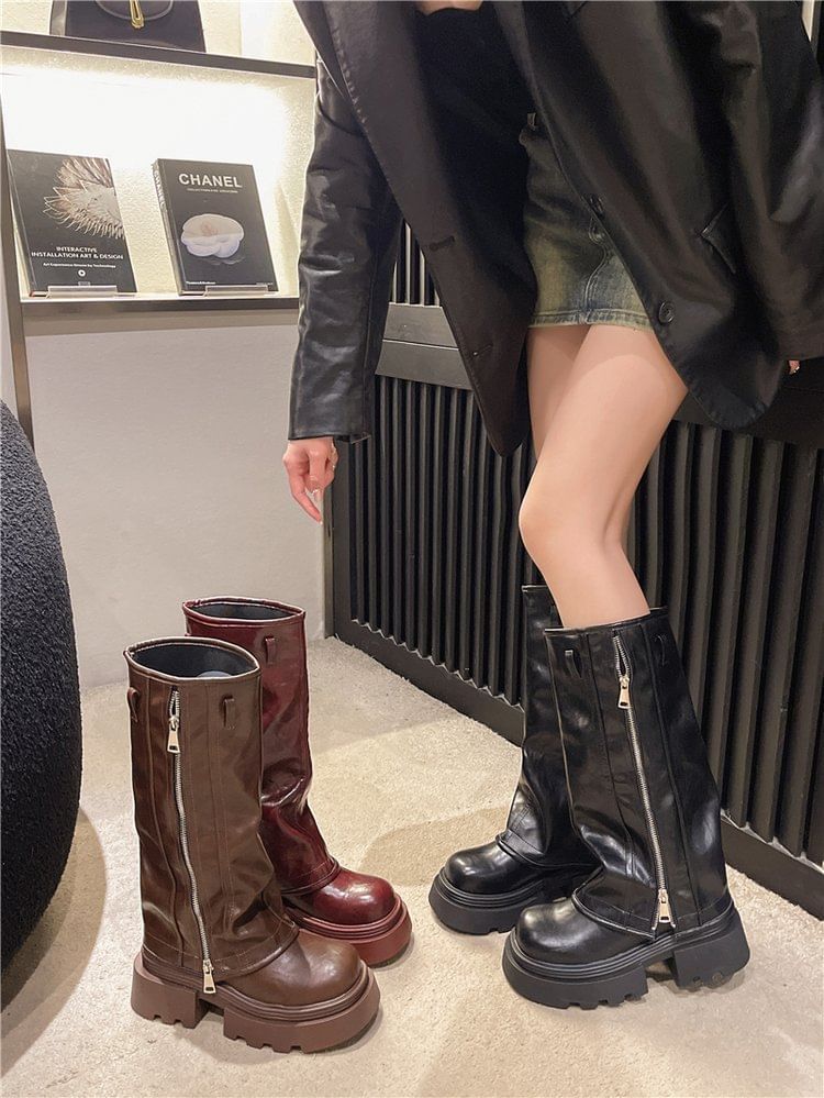 High Knee Panel Buckled Platform Boots Zip