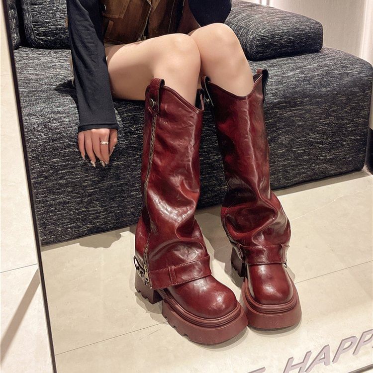 Knee Buckled Zip Panel Boots Platform High