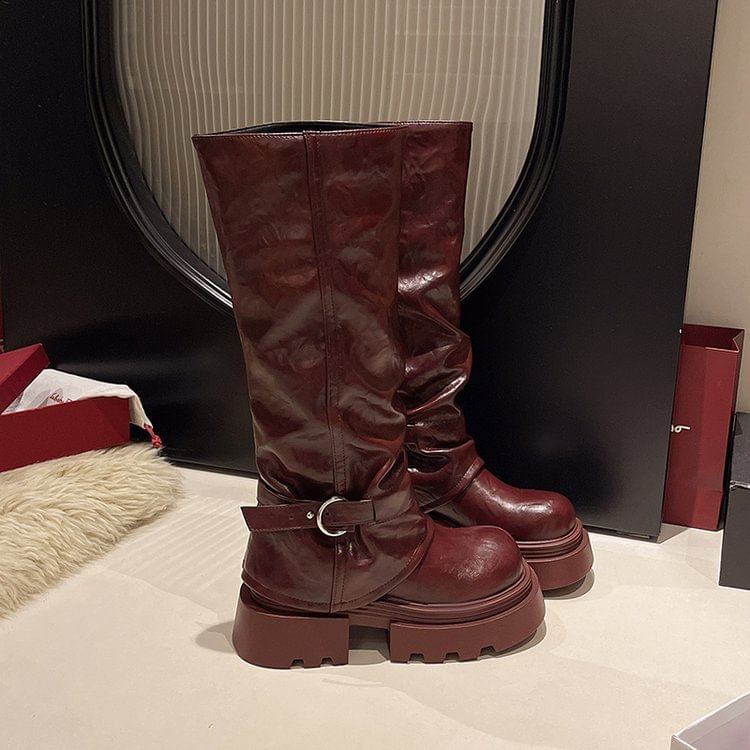 Boots Buckled Panel Platform High Knee