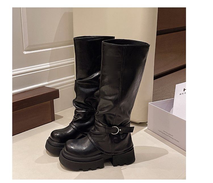Boots Buckled Panel Platform High Knee