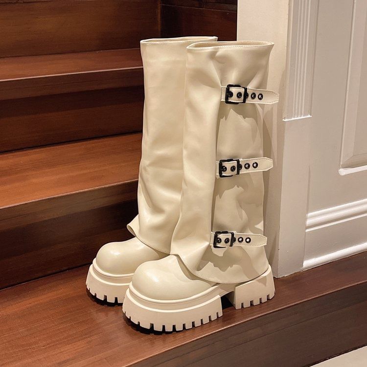 Knee Platform Buckled Boots High Panel