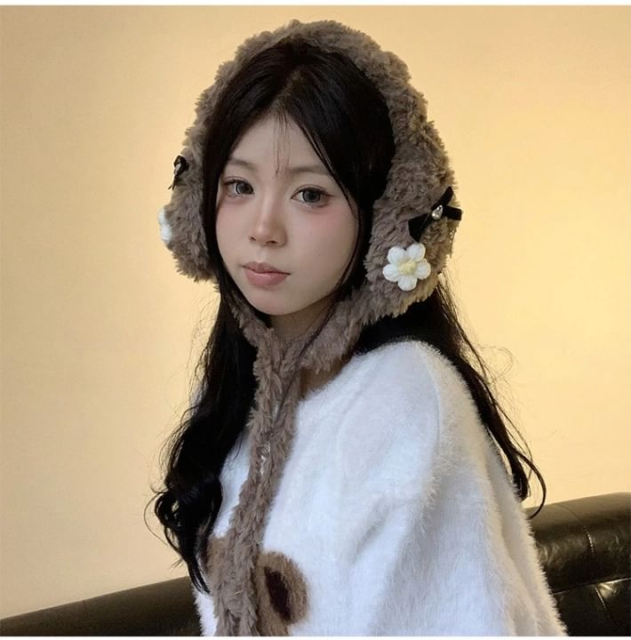 Flower Fluffy Bow Earmuffs Crochet