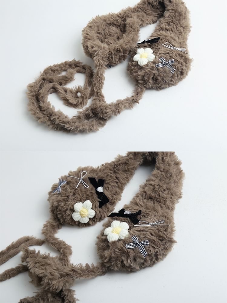 Flower Fluffy Bow Earmuffs Crochet