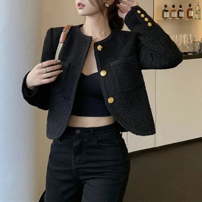 Crew Neck Plain Button-Up Tweed Crop Jacket