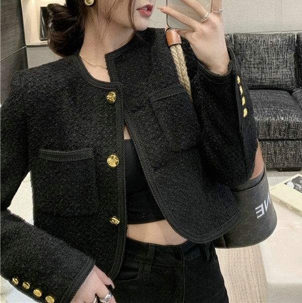 Crew Neck Plain Button-Up Tweed Crop Jacket