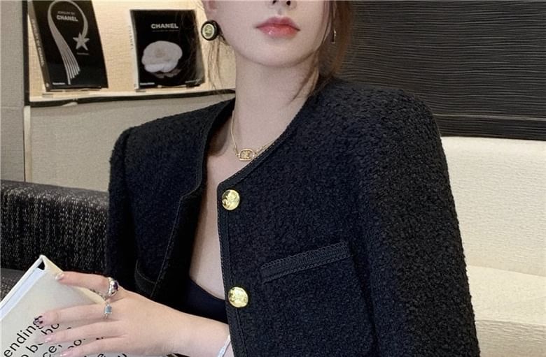 Crew Neck Plain Button-Up Tweed Crop Jacket