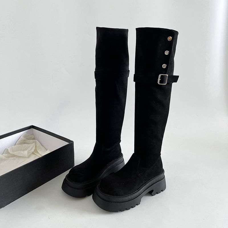 Over The Platform Suede Boots Button Buckled Knee Faux
