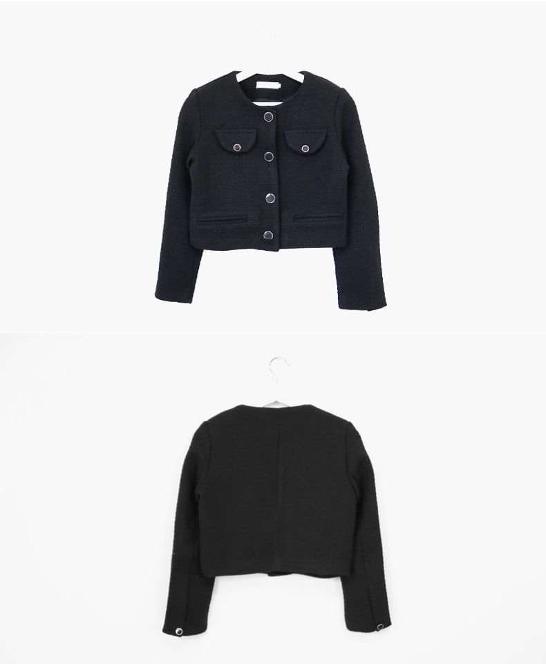 Crew Neck Plain Button-Up Tweed Crop Jacket / High Waist Slit Mini Pencil Skirt