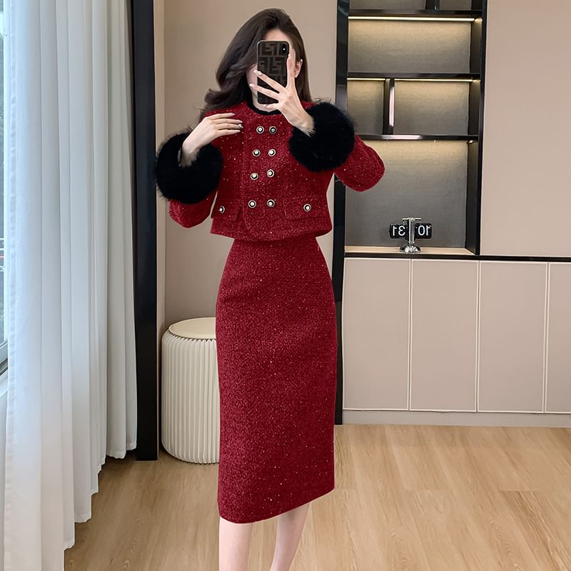 Set: Fluffy Cuff Round Neck Quilted Lining Tweed Double Breasted Jacket + High Rise Midi Pencil Skirt
