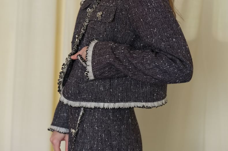 Frill Trim Button-Up Tweed Jacket / Asymmetrical Skirt