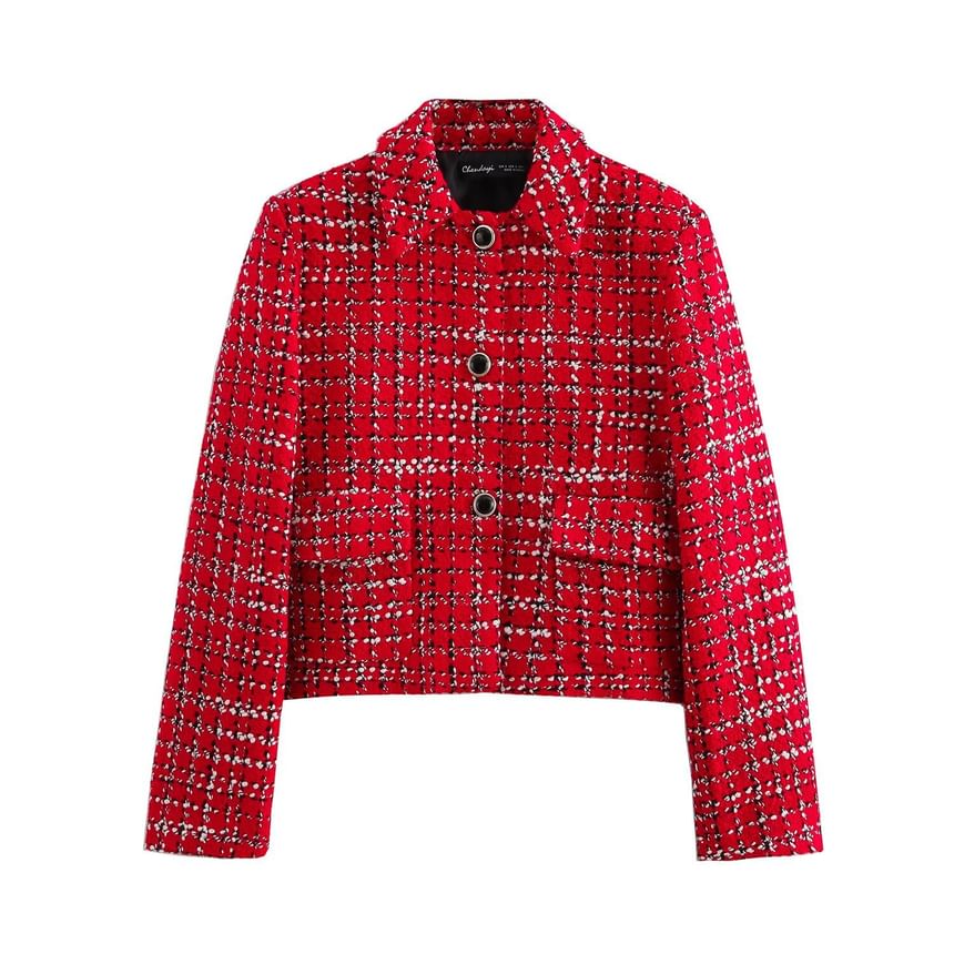 Collar Plaid Tweed Button Jacket / Skort
