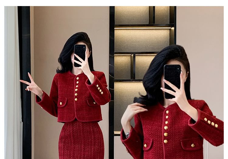 Set: V-Neck Plain Button-Up Tweed Crop Jacket + High Waist Pencil Skirt (Various Designs)