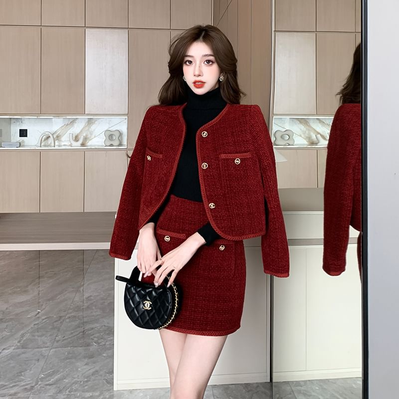 Set: Crew Neck Plain Button-Up Tweed Crop Jacket + High Waist Mini Pencil Skirt