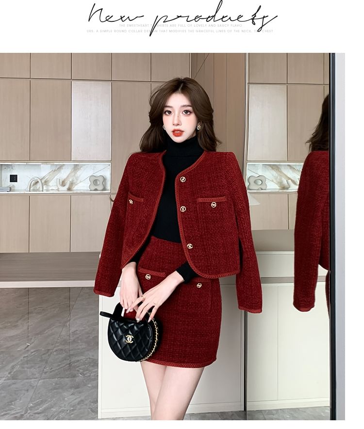 Set: Crew Neck Plain Button-Up Tweed Crop Jacket + High Waist Mini Pencil Skirt