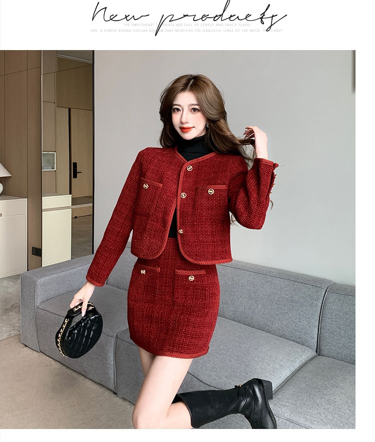 Set: Crew Neck Plain Button-Up Tweed Crop Jacket + High Waist Mini Pencil Skirt