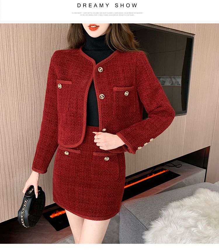 Set: Crew Neck Plain Button-Up Tweed Crop Jacket + High Waist Mini Pencil Skirt