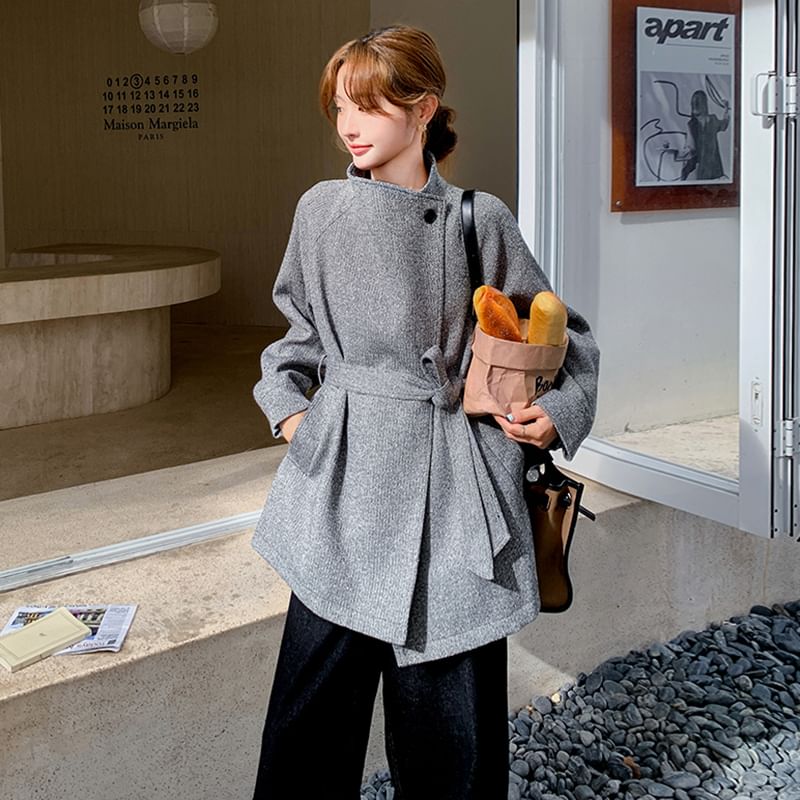 Mock Neck Asymmetrical Button-Up Coat