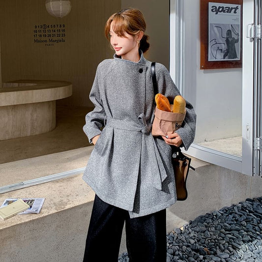 Mock Neck Asymmetrical Button-Up Coat
