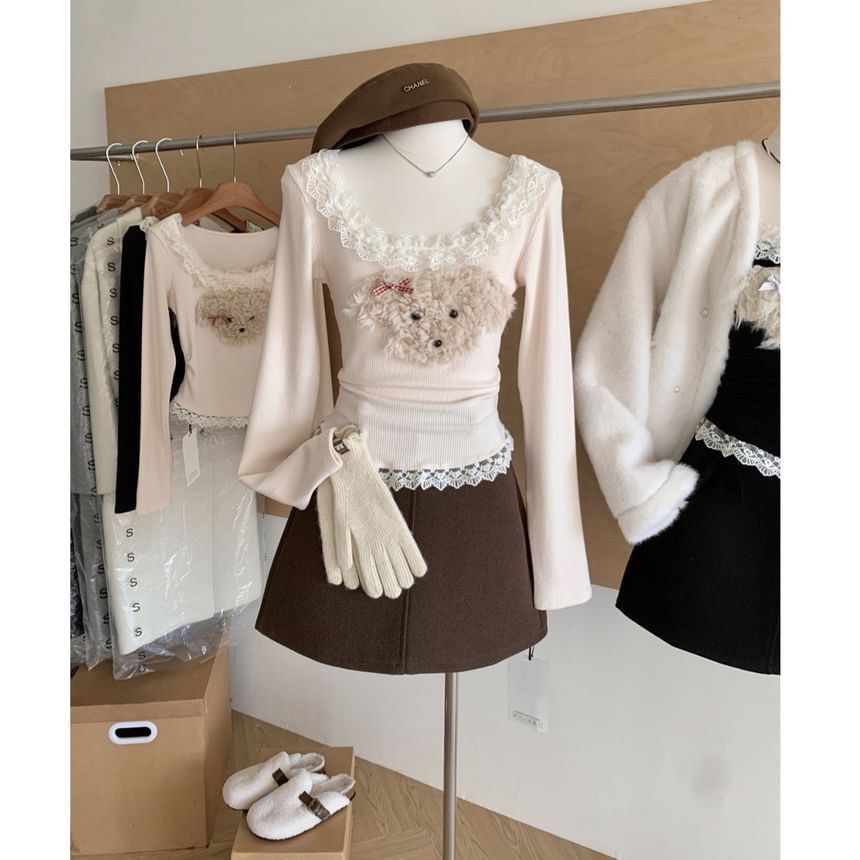 Patterned Ruffle Neck Panel Sleeve Long Scoop Cartoon Top