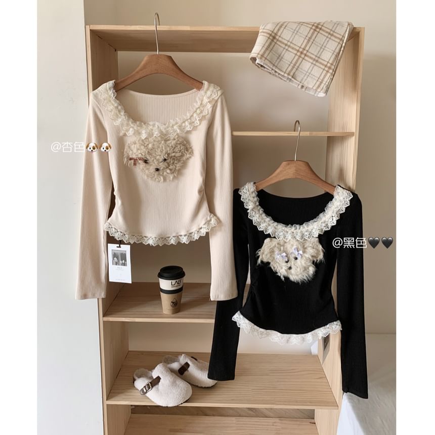 Patterned Ruffle Neck Panel Sleeve Long Scoop Cartoon Top